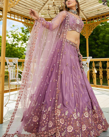 Lilac Pink Satin Embroidered Wedding Lehenga Choli