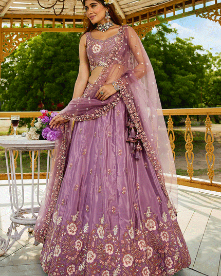 Lilac Pink Satin Embroidered Wedding Lehenga Choli