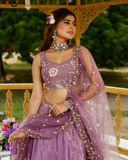 Lilac Pink Satin Embroidered Wedding Lehenga Choli