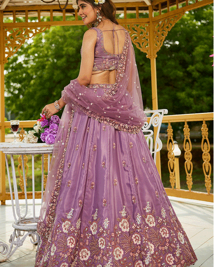 Lilac Pink Satin Embroidered Wedding Lehenga Choli