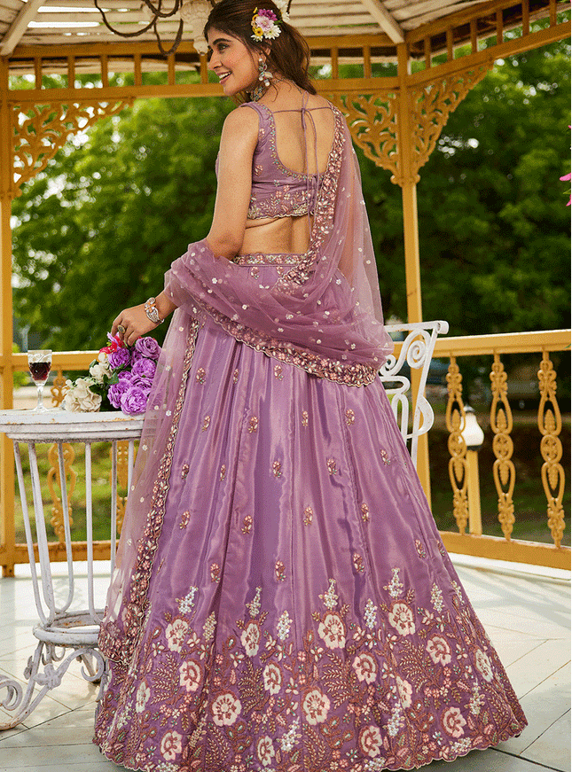Lilac Pink Satin Embroidered Wedding Lehenga Choli