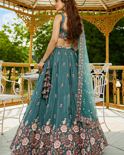Morpich Satin Embroidered Wedding Lehenga Choli