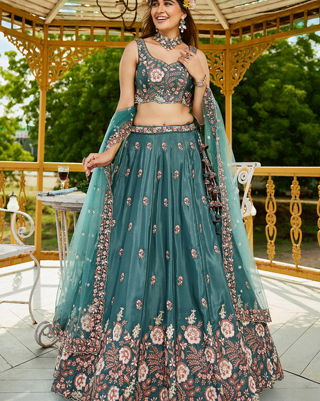 Morpich Satin Embroidered Wedding Lehenga Choli
