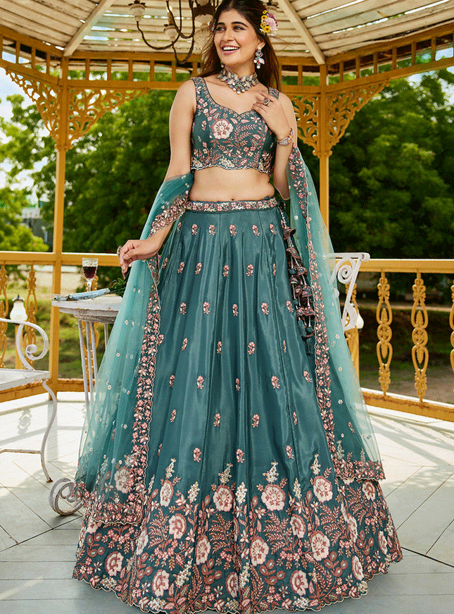 Morpich Satin Embroidered Wedding Lehenga Choli