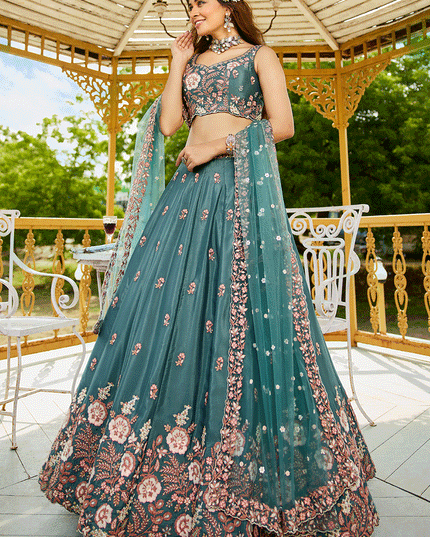 Morpich Satin Embroidered Wedding Lehenga Choli