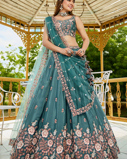 Morpich Satin Embroidered Wedding Lehenga Choli
