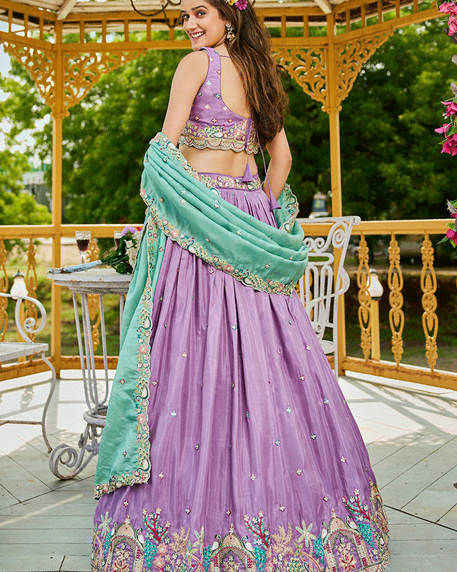Lilac Satin Embroidered Designer Lehenga Choli