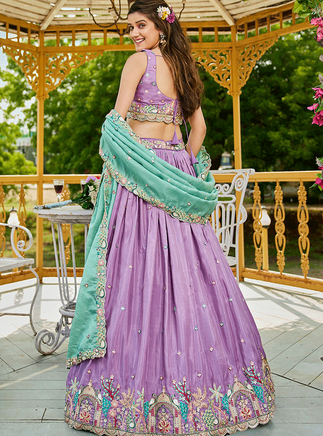 Lilac Satin Embroidered Designer Lehenga Choli