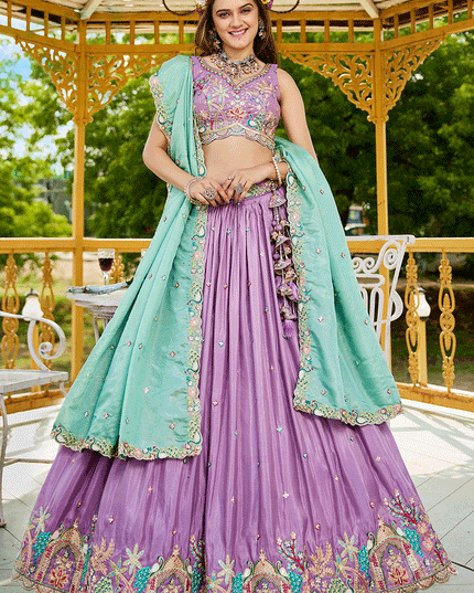 Lilac Satin Embroidered Designer Lehenga Choli