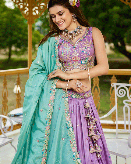 Lilac Satin Embroidered Designer Lehenga Choli