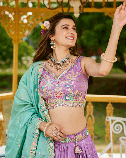 Lilac Satin Embroidered Designer Lehenga Choli