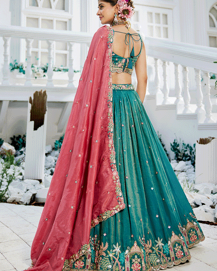 Firozi Satin Embroidered Designer Lehenga Choli