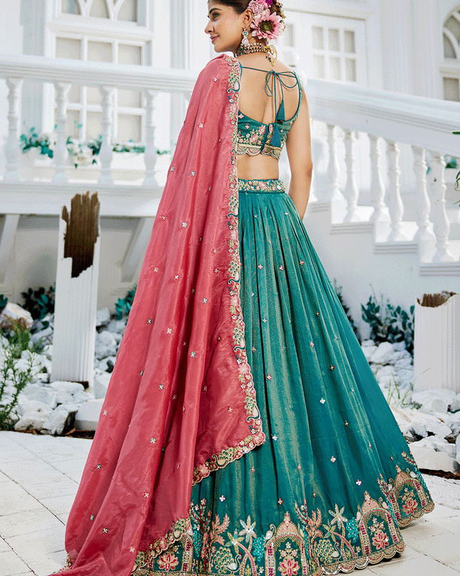 Firozi Satin Embroidered Designer Lehenga Choli