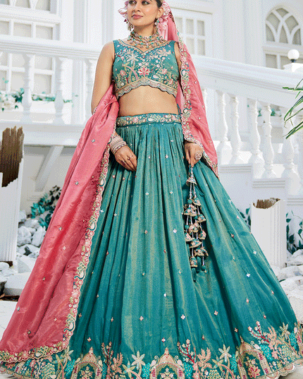 Firozi Satin Embroidered Designer Lehenga Choli