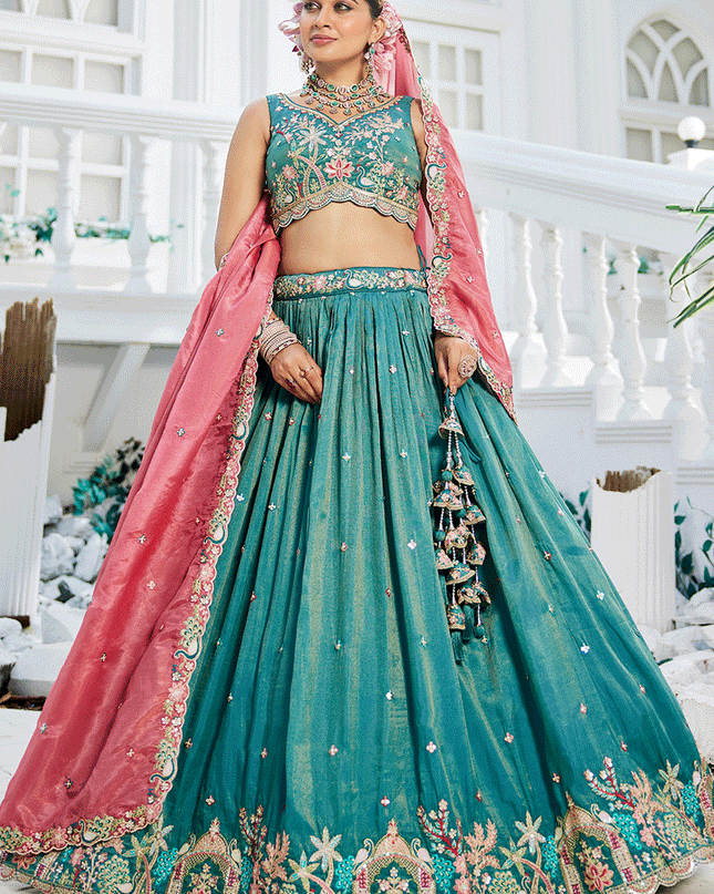 Firozi Satin Embroidered Designer Lehenga Choli