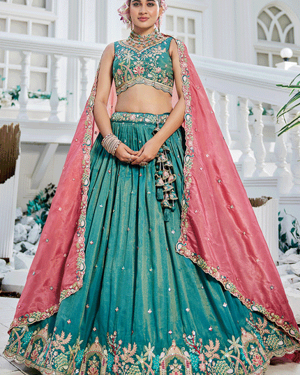 Firozi Satin Embroidered Designer Lehenga Choli