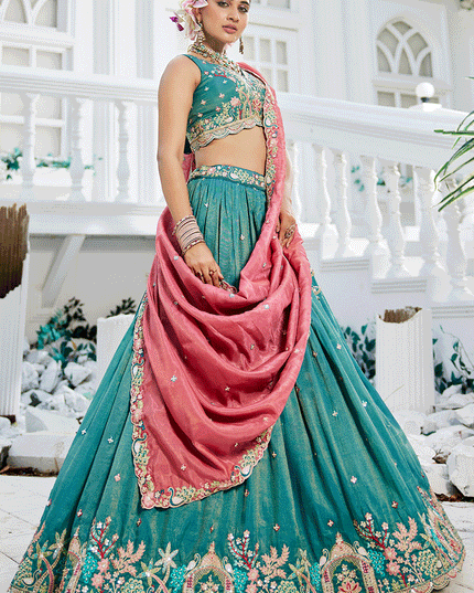 Firozi Satin Embroidered Designer Lehenga Choli