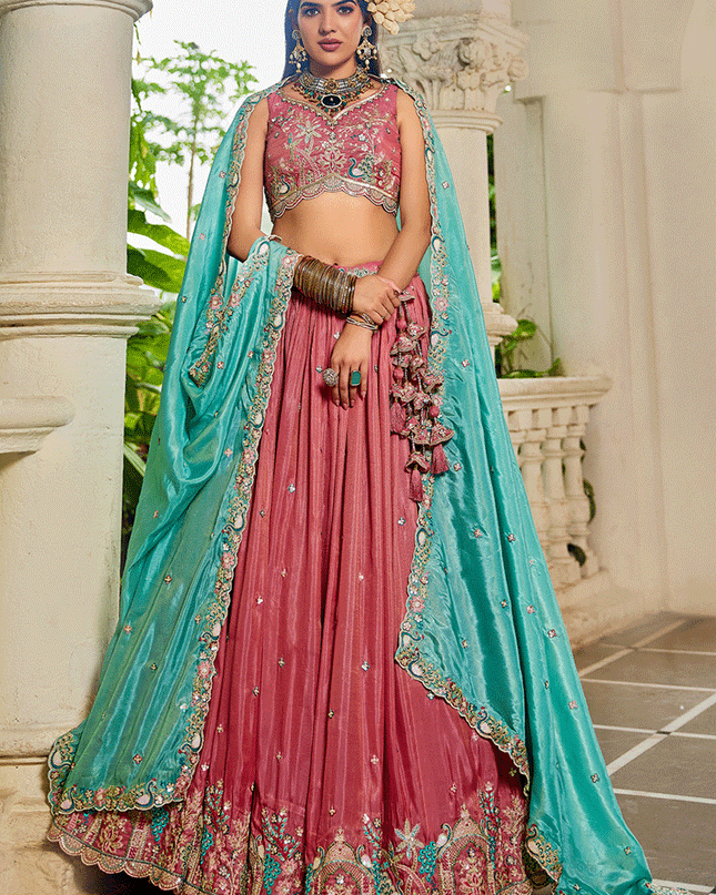 Salmon Pink Satin Embroidered Designer Lehenga Choli