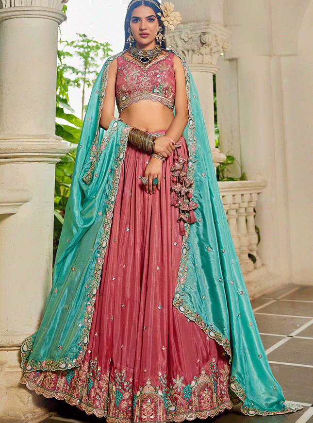Salmon Pink Satin Embroidered Designer Lehenga Choli