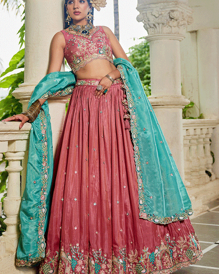 Salmon Pink Satin Embroidered Designer Lehenga Choli