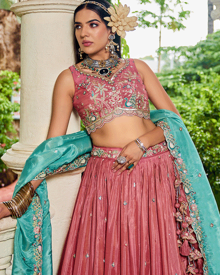 Salmon Pink Satin Embroidered Designer Lehenga Choli