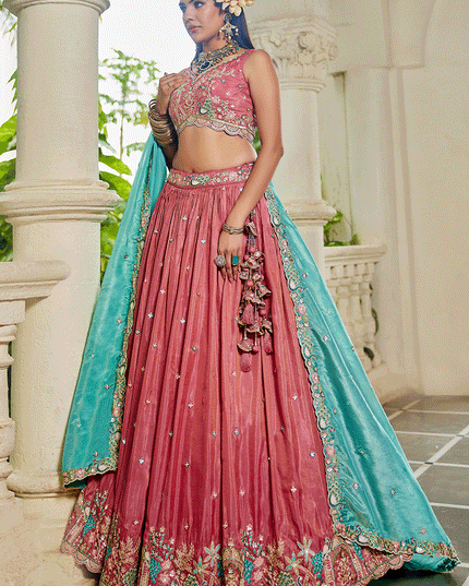 Salmon Pink Satin Embroidered Designer Lehenga Choli