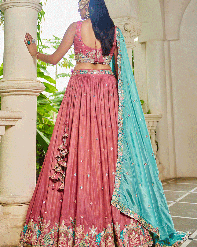 Salmon Pink Satin Embroidered Designer Lehenga Choli