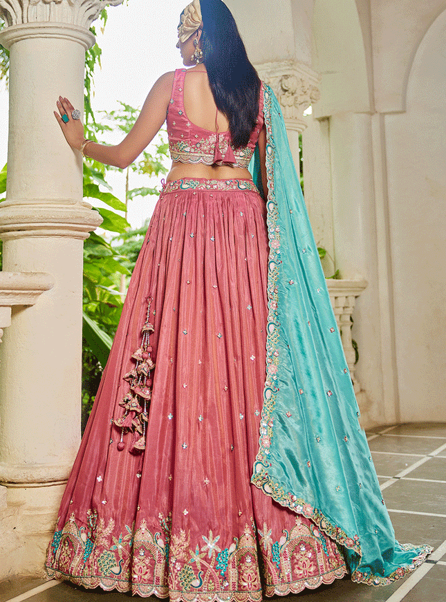 Salmon Pink Satin Embroidered Designer Lehenga Choli