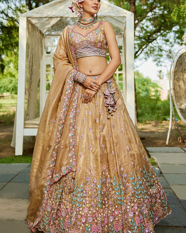 Beige Tissue Embroidered Designer Lehenga Choli