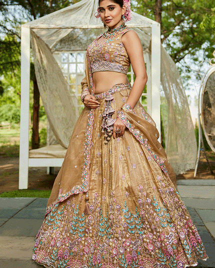 Beige Tissue Embroidered Designer Lehenga Choli