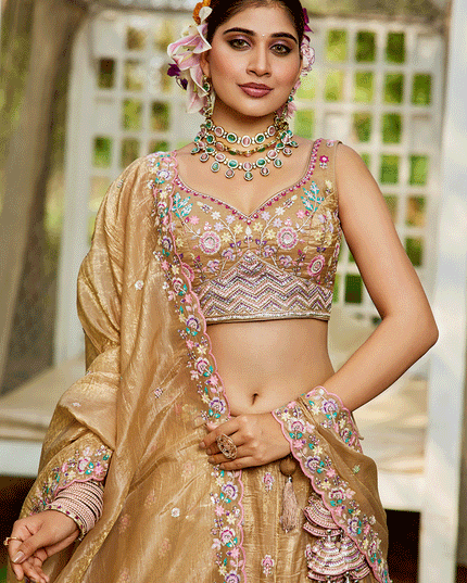 Beige Tissue Embroidered Designer Lehenga Choli
