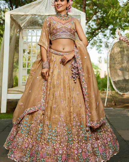 Beige Tissue Embroidered Designer Lehenga Choli