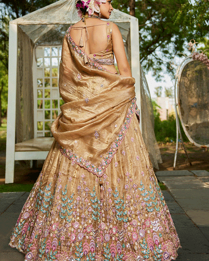 Beige Tissue Embroidered Designer Lehenga Choli