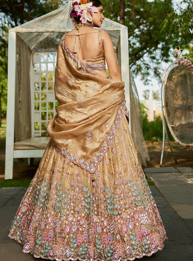 Beige Tissue Embroidered Designer Lehenga Choli