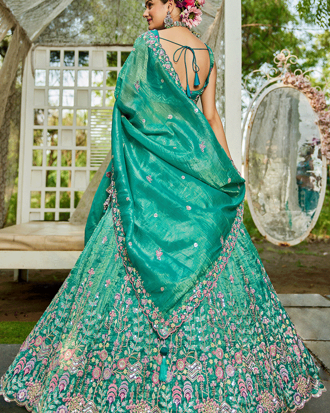Sea Green Tissue Embroidered Designer Lehenga Choli