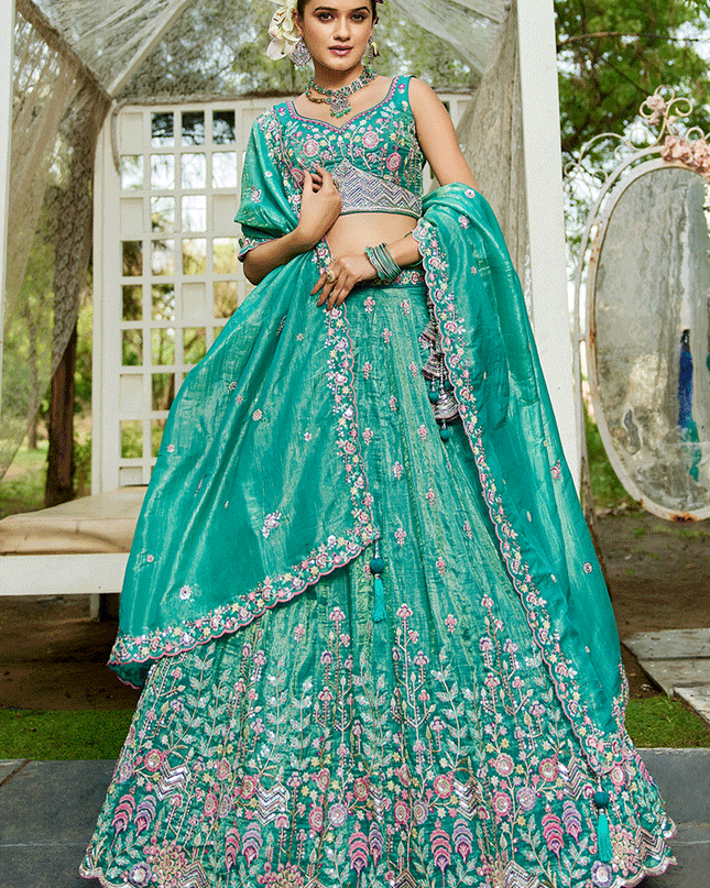 Sea Green Tissue Embroidered Designer Lehenga Choli