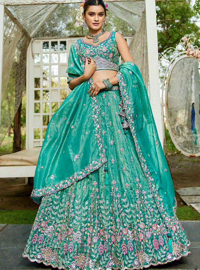 Sea Green Tissue Embroidered Designer Lehenga Choli