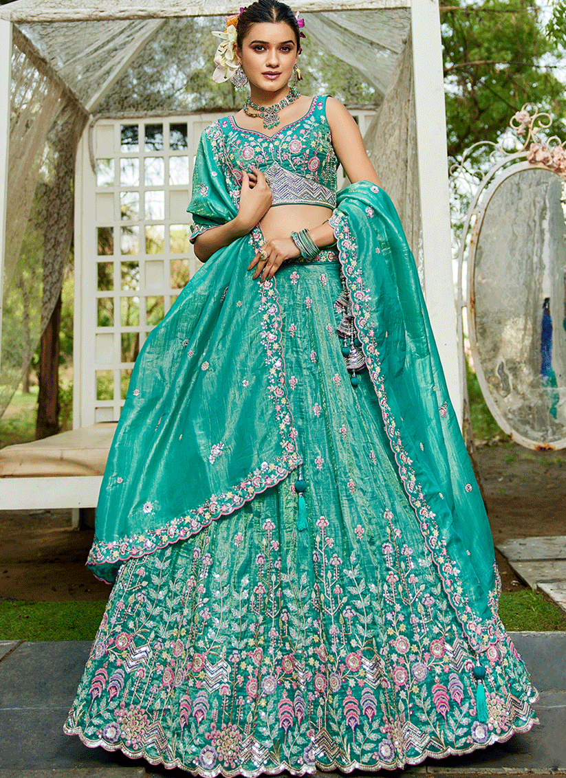 Sea Green Tissue Embroidered Designer Lehenga Choli