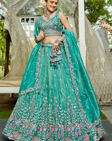 Sea Green Tissue Embroidered Designer Lehenga Choli