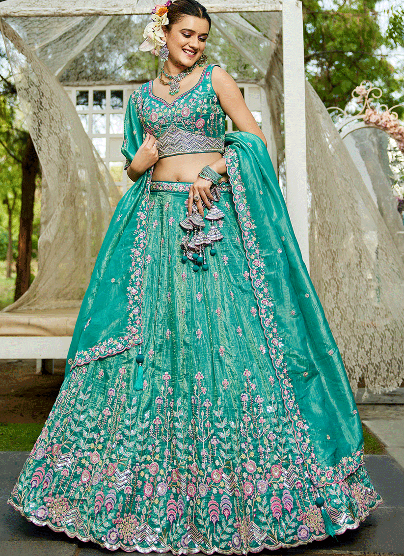 Sea Green Tissue Embroidered Designer Lehenga Choli