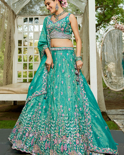 Sea Green Tissue Embroidered Designer Lehenga Choli