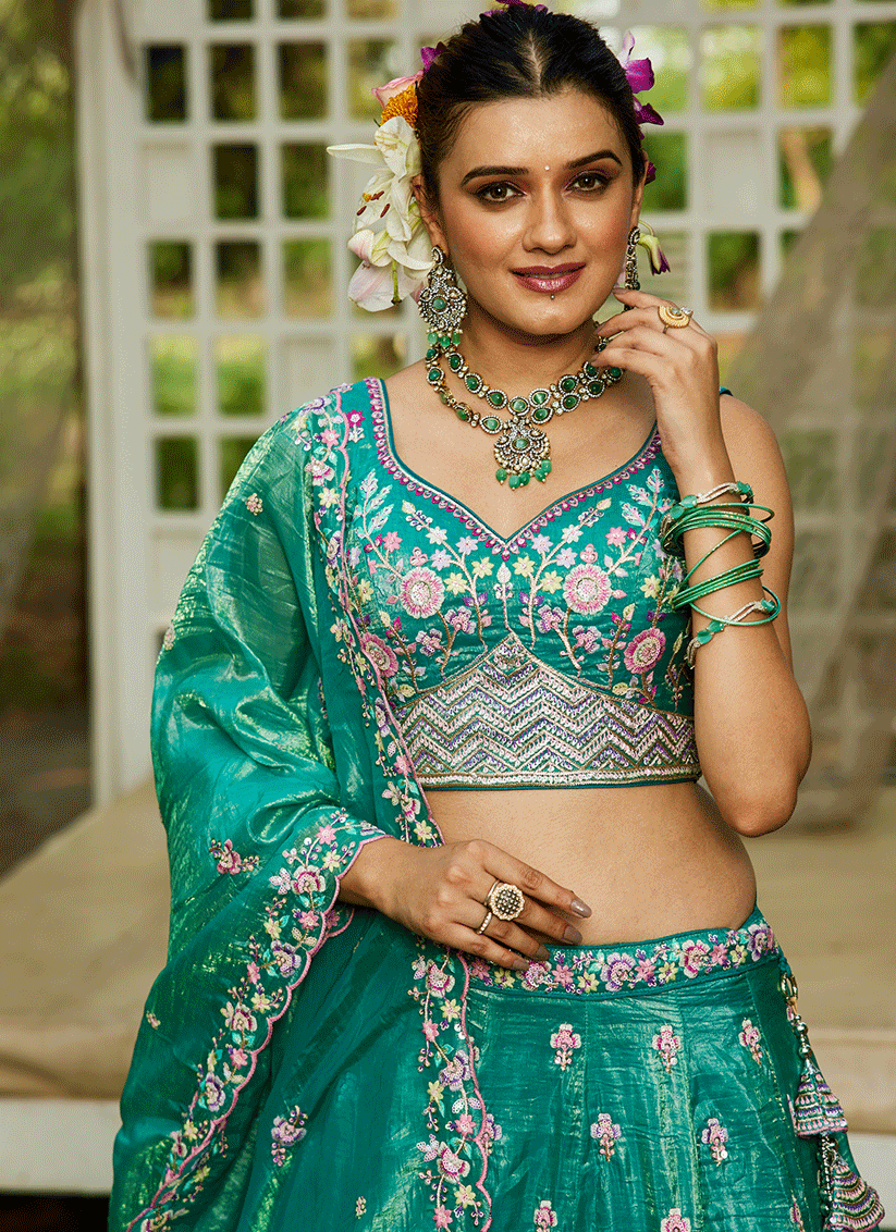 Sea Green Tissue Embroidered Designer Lehenga Choli