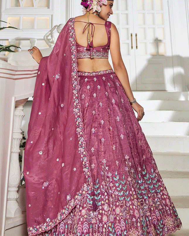 Wine Tissue Embroidered Designer Lehenga Choli