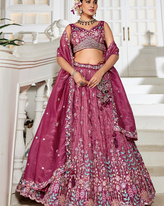 Wine Tissue Embroidered Designer Lehenga Choli