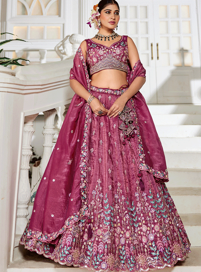 Wine Tissue Embroidered Designer Lehenga Choli