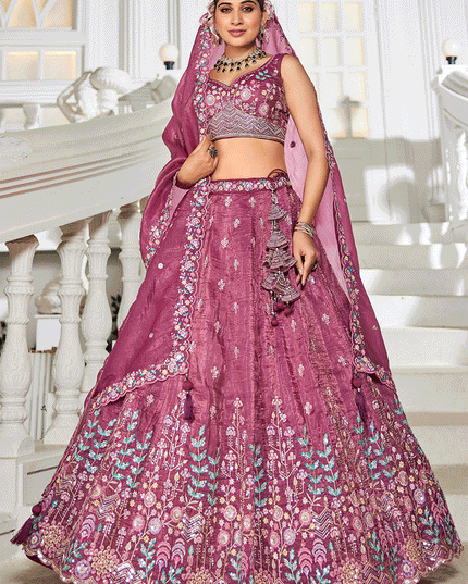 Wine Tissue Embroidered Designer Lehenga Choli