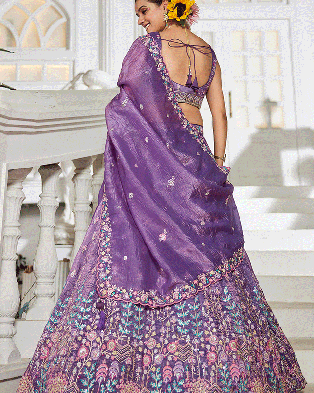 Purple Tissue Embroidered Designer Lehenga Choli