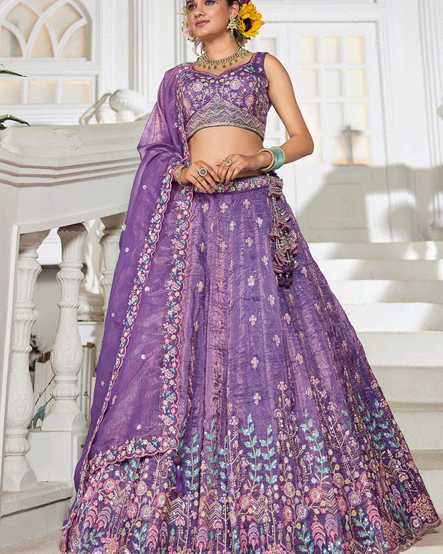 Purple Tissue Embroidered Designer Lehenga Choli