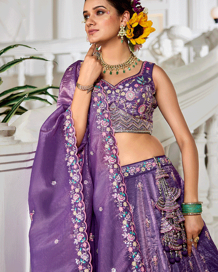Purple Tissue Embroidered Designer Lehenga Choli