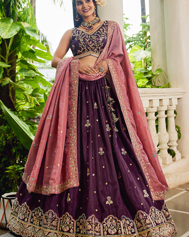 Burgundy Tissue Embroidered Designer Lehenga Choli